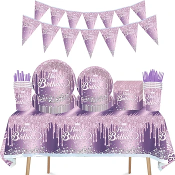 סגולות היהלום שבכתר נושא יום הולדת שמח Dispodable שולחן מפיות צלחות כוסות באנר ballons למבוגרים מסיבת חתונה לקשט