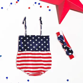 האמריקאי יום העצמאות דגל תינוקת קלע סטרפלס ללא משענת הוללות עם אותו Hairband הפעוט רומפר ילד