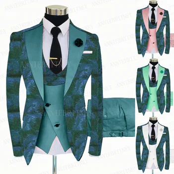 ירוק פרחוני מודפס גברים חתונה חליפה 3 חלקים החתן חליפת טוקסידו Slim Fit ערב הנשף בלייזר ' קט ים כחול אפוד מכנסיים