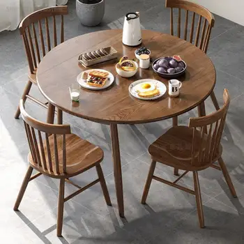 נורדי אוכל עץ מלא, שולחן, כיסא משולב מתקפל מודרני פשוט דירה קטנה שולחן עגול טלסקופי אור יוקרה