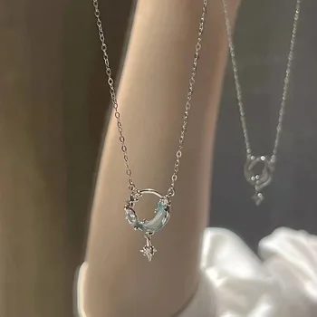 כסף סטרלינג 925 ירח כוכבים שרשרת תליון זירקון קולר לנשים ילדה תכשיטים יפים הקיץ מינימליסטי אופנה למסיבה