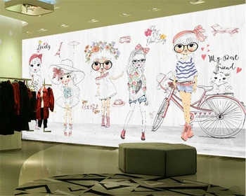 beibehang מותאם אישית אופנה אישיות משיי קיר נייר מצוירת ביד מצוירת ילדה האופנה רקע המסמכים דה parede 3d טפט