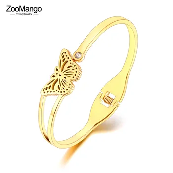 ZooMango אופנה פרפר חיה קסם קאף צמיד לנשים 18K זהב מצופה ריינסטון נירוסטה מסיבת צמיד ZB22069