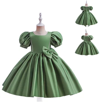 ילדים השמלה של הנסיכה בועה שרוול Bowknot ילד בנות שמלת מסיבת אבוקדו ירוק חצאית שרוול קצר בקיץ לובשים בגדים