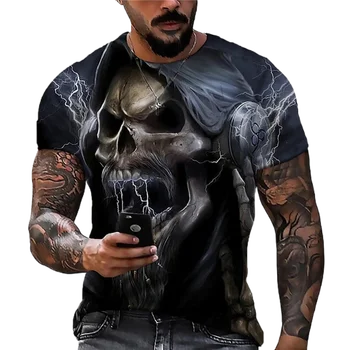 2023 רטרו של גברים גולגולת חולצה הדפסת 3D בתוספת גודל העליון דפוס גולגולת חולצת הטריקו של גברים O-צוואר קצר שרוול חולצת הטריקו של גברים העליון