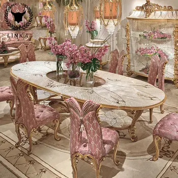 בסגנון אירופאי שולחן אוכל וכיסאות מגולפים מעץ מלא מעטפת פסיפס וילה הול רהיטים בהתאמה אישית