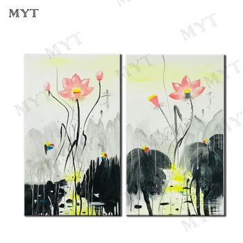 MYT משלוח חינם סינית קלאסית בסגנון ציור שמן לוטוס המקורי ציור שמן על בד אמנות קיר תמונות עבור הסלון