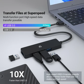 רכזת ה-USB, 4 ב 1 Ultra Slim נתונים USB מתאם עם 4 יציאות USB 3.0 עבור ה-MacBook Pro/Air, iPad Pro/Air, משטח ללכת, XPS, Pixelbook