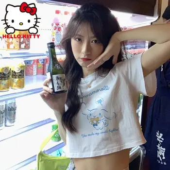 הלו קיטי סקסי חולצה Y2K Kawaii Sanrio ילדה כותנה, הדפס ורוד מקסימום בקיץ דולפים טבור קצר חולצות נשים Tees סלים מיכל מתנה