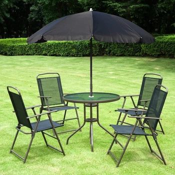 שחור 6 חתיכה פטיו אוכל שנקבע על 4 עם מטריה 4 מתקפל כסאות אוכל עגולות מזכוכית שולחן בגינה, בחצר לצד הבריכה