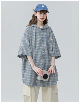 2023 יפני משובח צבעוני עם ברדס קצר שרוול החולצה לנשים קיץ רופף, עצלן סגנון דק ' קט