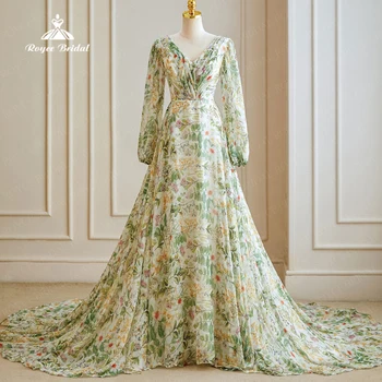 גן סאטן שיפון שמלת החתונה 2023 שרוול ארוך Pastrol ציור שמן ללא משענת קו בתוספת גודל שמלות כלה מסיבת שמלה