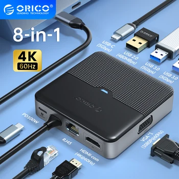 ORICO סוג C תחנת עגינה ל-USB 3.0 HUB 4K60Hz HDMI תואם RJ45 משטרת מתאם עבור Macbook iPad אוויר M1 PC אביזרים ספליטר