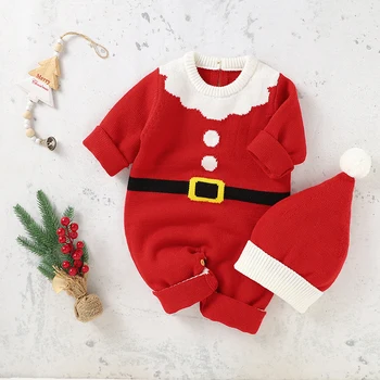 התינוק אדום חג המולד סרוגים Rompers כובעים בגדים ערכות חורף היילוד בנים בנות סנטה קלאוס צילום אביזרים תלבושות 0-18m תינוק חליפות