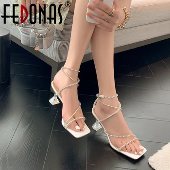 FEDONAS 2023 עקבים גבוהים נשים סנדלים האופנה ריינסטון מסיבת הנשף נעליים אישה קיץ אבזם Slingback משאבות סקסי הגעה חדשה