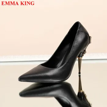 חדש נשים מחודד משאבות הבוהן סקסי מתכת עיצוב מסיבת נעלי מעצבים מוזר עקבים שחורים למשרד נשים משאבות שמלת נעלי נשים