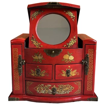 סינית בסגנון רטרו קופסת תכשיטים מעץ במראה עור תיבת אחסון אדום חתונה קישוט במתנה.
