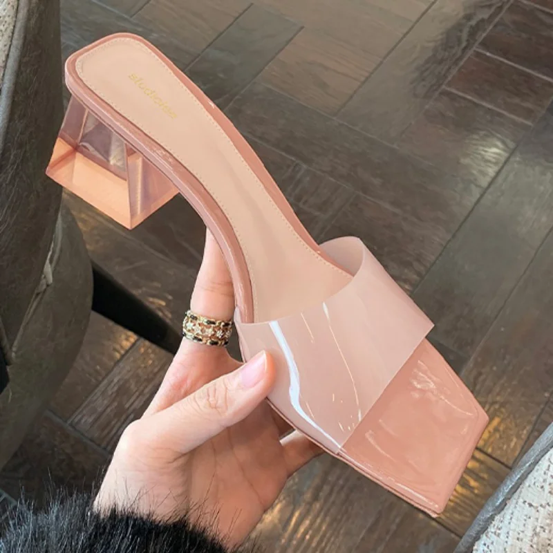 PVC באמצע עקבים נשים נעלי נעלי אופנה סנדלי 2023 הקיץ החדשה של מותג יוקרה עבה Slingbacks מסיבת כפכפים Mujer נעליים - 0