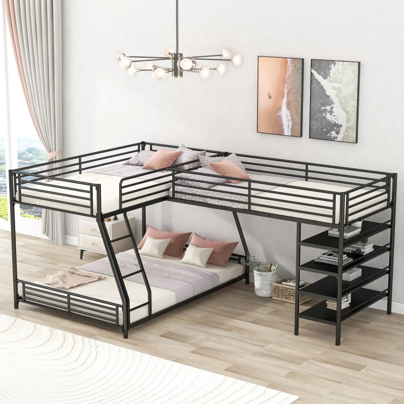אל-מתכת בצורת תאום מלא על המיטה למיטה זוגית גודל מיטת קומותיים עם ארבעה מובנית המדפים,שחור - 0