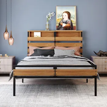 מתכת, עץ, מסגרת המיטה, ראש המיטה מדרך לכיוון עם מדפי אחסון, מלא פלטפורמת גודל המיטה מקסימום 80.3