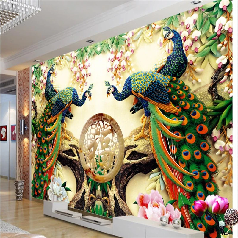 beibehang עיצוב הבית טווס ירוק סניפים ציור דה ונקייה 3d נייר קיר מלון רקע מודרנית ציור קיר טפט לסלון - 0