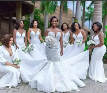 אפריקה נשים תחרה יוקרה כלה ספגטי רצועה ארוכה הרכבת אפליקציה שמלת נשף מתוקה בת ים כלה שמלות חתונה 2024