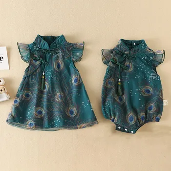 החדשים בייבי בנות שמלת טווס ירוק התינוק שזה עתה נולד בגד הנסיכה בגדים בייבי Romper הנסיכה בגדים לתינוקות אוברול