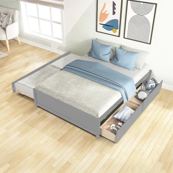 מסוגנן ופשוט מיטה זוגית עם 1 כפול גודל רולר ו-2 מגירות, מתאים עבור חדרי שינה , אפור