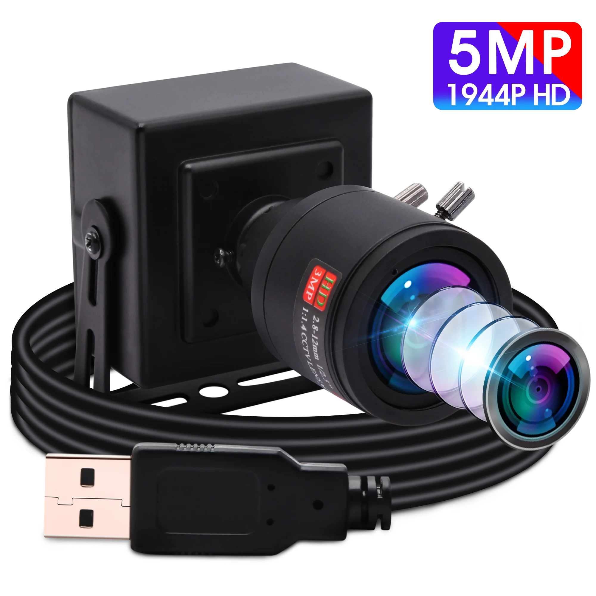 USB מצלמת CMOS Aptina MI5100 5.0 מגה פיקסל 2592X1944 HD 2.8-12mm Varifocal Mini USB מצלמת אינטרנט - 0