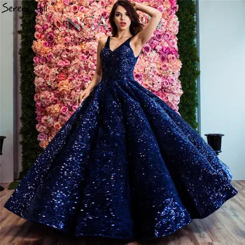 כחול יוקרה בדובאי עיצוב V-הצוואר שמלות כלה 2023 נצנצים ניצוץ שרוולים באיכות גבוהה שמלת החתונה צילום אמיתי