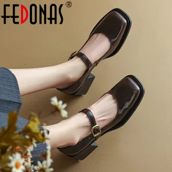 FEDONAS אביב סתיו נשים משאבות בוהן מרובע אבזם רצועה עבה עקבים, שמלה משרד ליידי נעליים האישה עור אמיתי תמציתי חדש