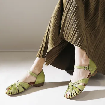 Johnature עור אמיתי ארוגים קיץ נעלי נשים סנדלים בסגנון רטרו 2023 חדש בעבודת יד תמציתי נשים העקב נמוך סנדלים