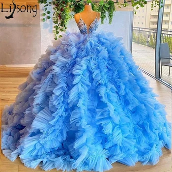 מדהים נוסף נפוחות שמלות לנשף שמלת נשף קפלים שופעים רשת יוקרה הטקס שמלה ללא שרוולים כחולים אירוע מיוחד ללבוש 2020