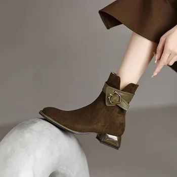 בסגנון בריטי המשרד נקבה נעליים 2023 בחורף קטיפה מגפי נשים אופנתיות בוהן מרובע רוכסן מגפי קרסול Botines פארא חברות