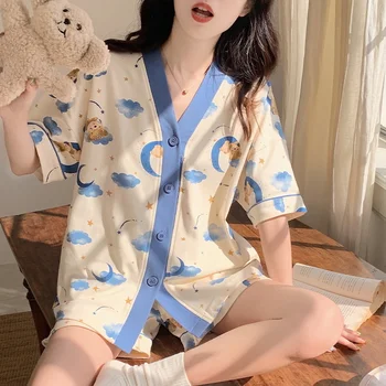 2023 נשים בפיג ' מה של מוצר חדש קצר עם שרוולים קצרים קרדיגן להגדיר הלבשת לילה חופשי חמוד בסגנון הביתה בגדים עבור ילדה Pijamas