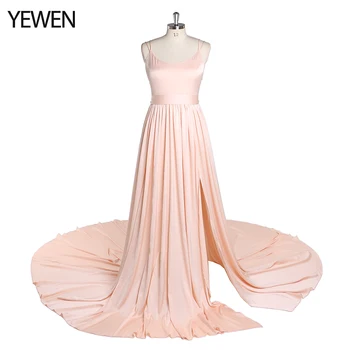 אור משי סאטן דק רצועות שמלה בוהמית מסיבת חתונה שמלה עם שסע צילום השמלה אביזרים YEWEN