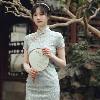 סינית מסורתית Cheongsam מזרחי שמלת נשים סקסית חריצים שרוול קצר טאנג חליפה נשית Hanfu צ ' יפאו שמלות חצאית הדוקה
