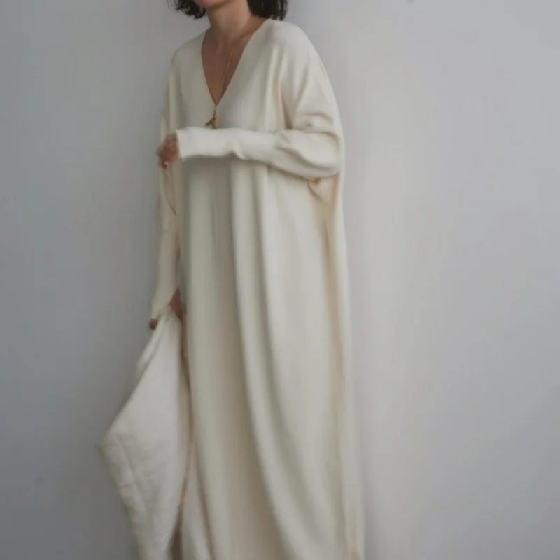 Kuzuwata יפן עצלן סגנון רך פשוט לסרוג את השמלה רופף זמן Vestidos דה Mujer אלגנטי צוואר V פנס שרוול מושך פאטאל החלוק - 0