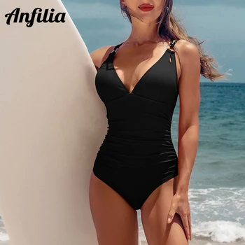 Anfilia נשים חתיכה אחת של בגדי אופנה סקסי עמוק V צוואר גבוה לחתוך Ruched Monokini מוצק צבע Backcross בגדי ים
