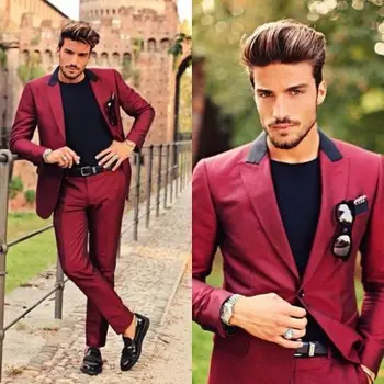 האדום הגיע לשיאו דש חליפות גברים האחרון המעיל שאיפה עיצובים Custome Homme אופנה חליפות Slim Fit Terno חדש(ז ' קט+מכנסיים+מטפחות)