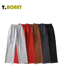 TELLHONEY נשים אופנת צבע מוצק אלסטי המותניים תחרה עם כיסים במכנסיים נשי מזדמן ישר גבוהה מכנסיים מותן