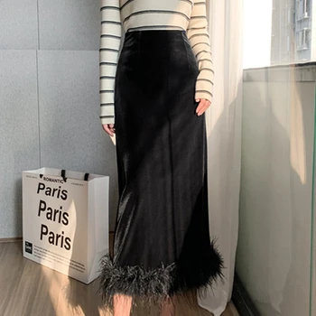 2023 עיצוב חדש שסע גבוה מותן חצאית קטיפה נשים וינטאג', חצאית נוצות טלאים טמפרמנט אלגנטי מסיבת Midi חצאית