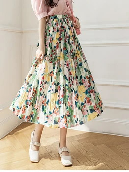 JMPRS אביב קיץ קפלים הדפס פרחוני חצאית נשים אופנה גבוהה המותניים מטריה חצאית נשית בסגנון קוריאני Midi Faldas Mujer חדש