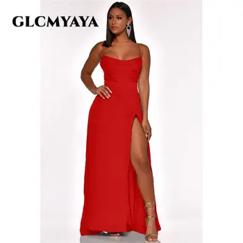 GLCMYAYA קיץ אופנה נשים ללא שרוולים גבוהה שסע גבוה המותניים מוצק ספגטי רצועת 2023 שמלה חשופת גב סקסי, שמלות ערב