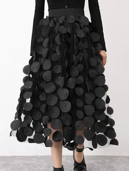 SURMIITRO ארוך קפלים חצאית טול נשים 2023 קיץ אופנה קוריאנית נקודות אפליקציות קו גבוהה המותניים Midi חצאית נשית