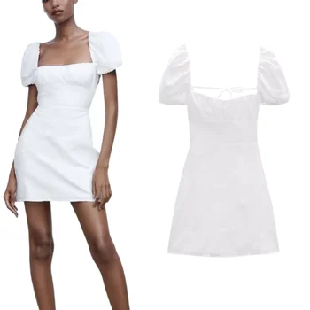 הקיץ החדש של הנשים אופנה לבן סקסי ללא משענת קשת תחרה צוואר מרובע בועה שרוול חלול רקמה אלגנטית להתלבש