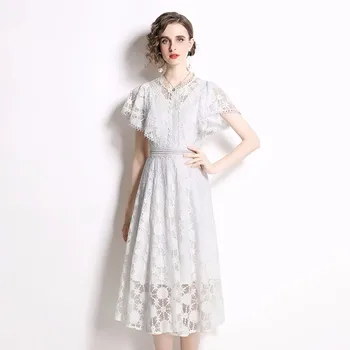הקיץ יוקרה חדש שרוול פרפר לבן תחרה שמלות Midi עבור נשים ו-צווארון מעצב חלול החוצה רקמה אופנה שמלה