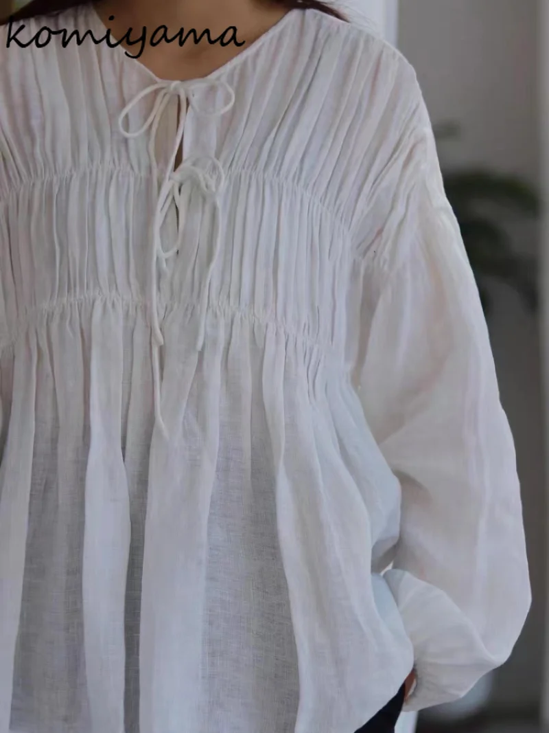 Komiyama או הצוואר תחרה חולצות חולצות וינטג ' אלגנטי עם קפלים Blusas Mujer באביב בגדי נשים יפן אופנה חולצה חולצות - 0