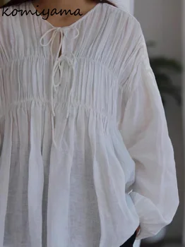 Komiyama או הצוואר תחרה חולצות חולצות וינטג ' אלגנטי עם קפלים Blusas Mujer באביב בגדי נשים יפן אופנה חולצה חולצות