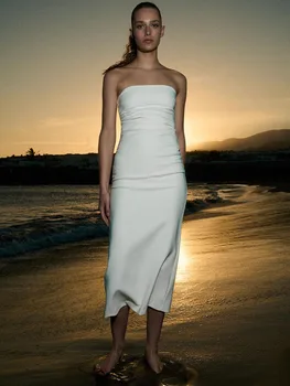נשים סטרפלס חצאית 2023 קיץ חדש מתוק Ruili ישר צווארון סטרפלס עיצוב midi סלים שמלה שקית ירך חצאית